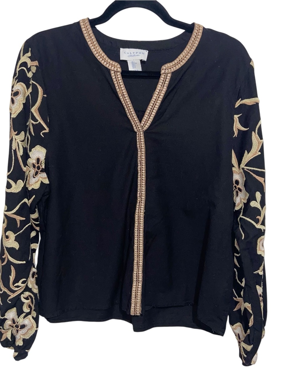 Calypso St Barths Top Womens Large Linen Cotton black Embroidered Floral Boho